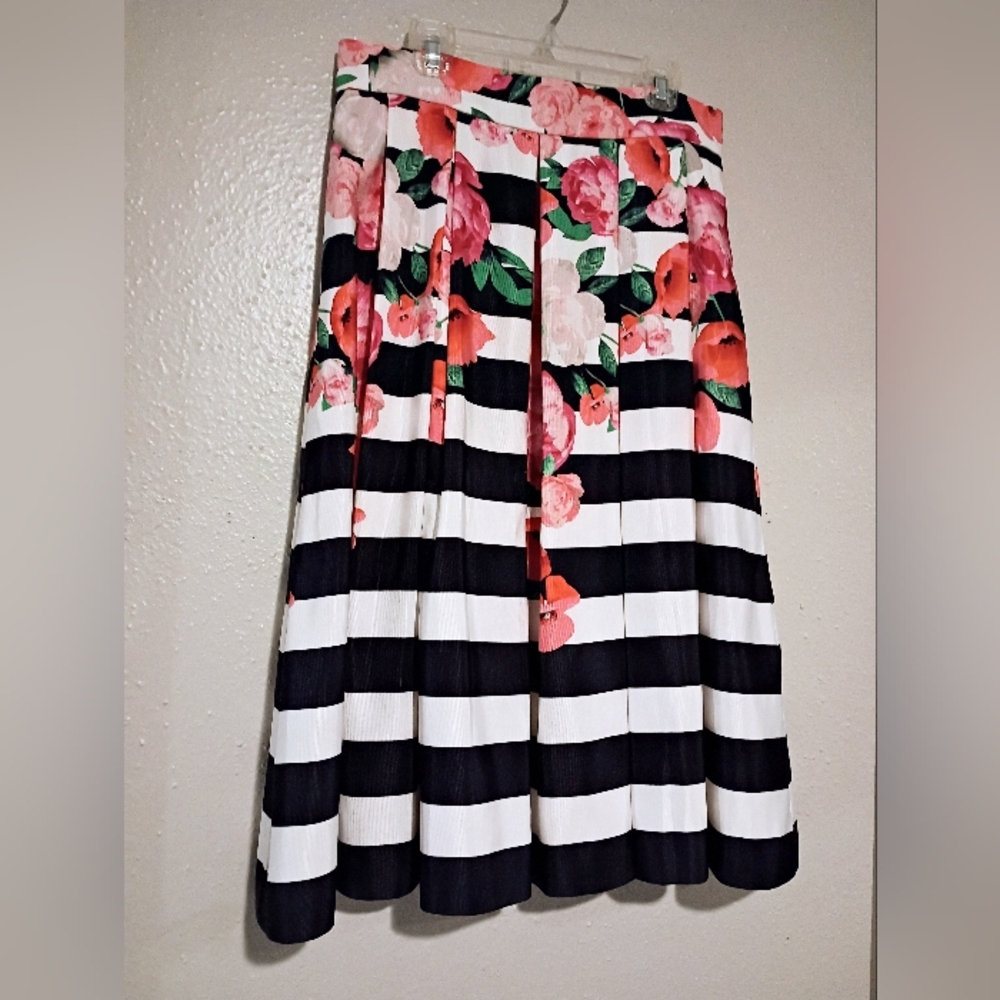 Eliza J Black and White Striped Skirt with Pink Floral